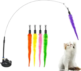 Cat Suction Cup Window Toy for Indoor Cats,with 5 Pcs Detachable Replacements Feathers.