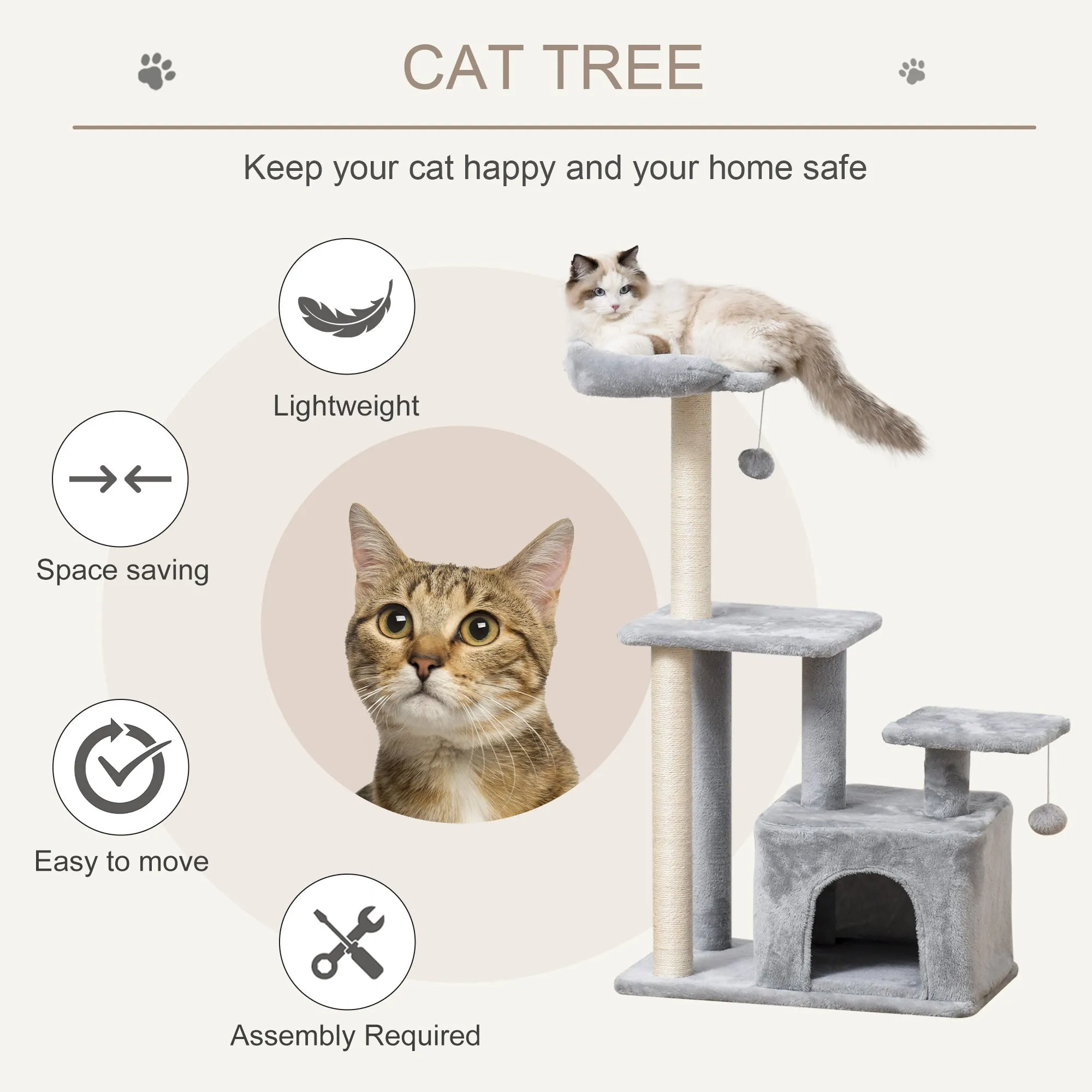 Cat tree Tower 114cm Climbing Activity Centre Kitten with Sisal Scratching Post Perch Hanging Ball Condo Toy Light Grey