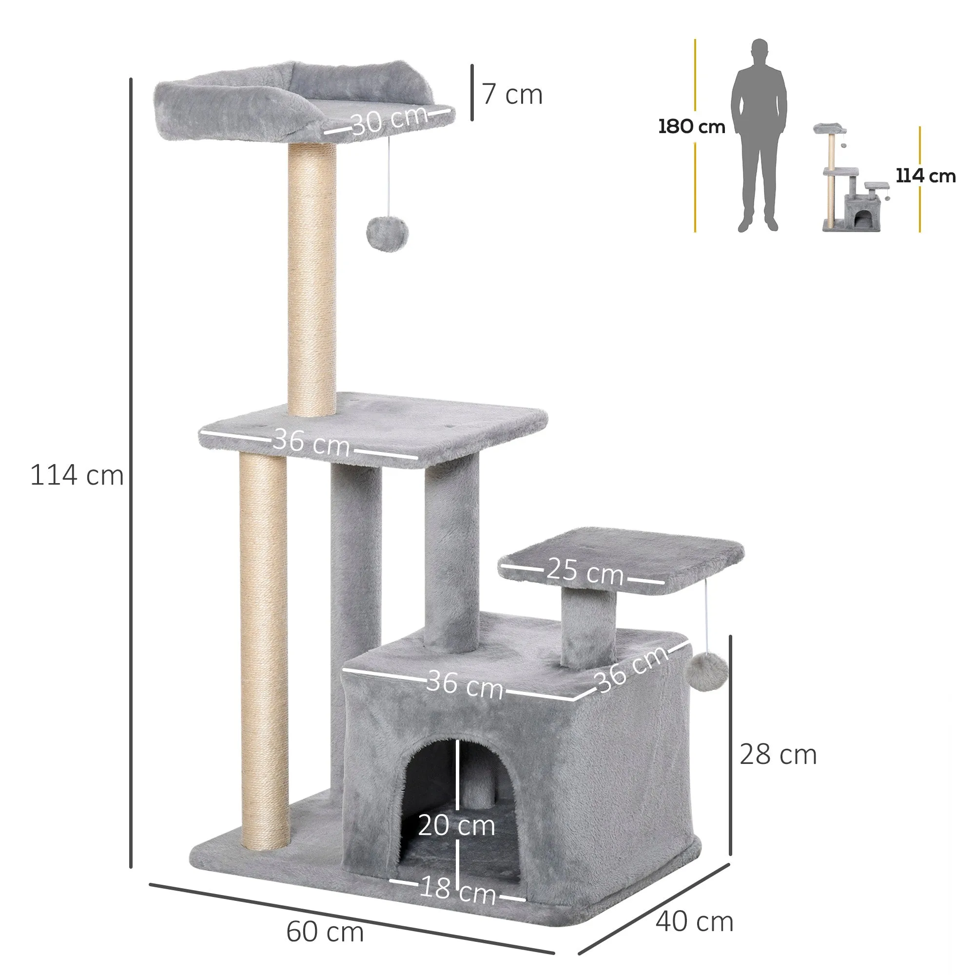 Cat tree Tower 114cm Climbing Activity Centre Kitten with Sisal Scratching Post Perch Hanging Ball Condo Toy Light Grey