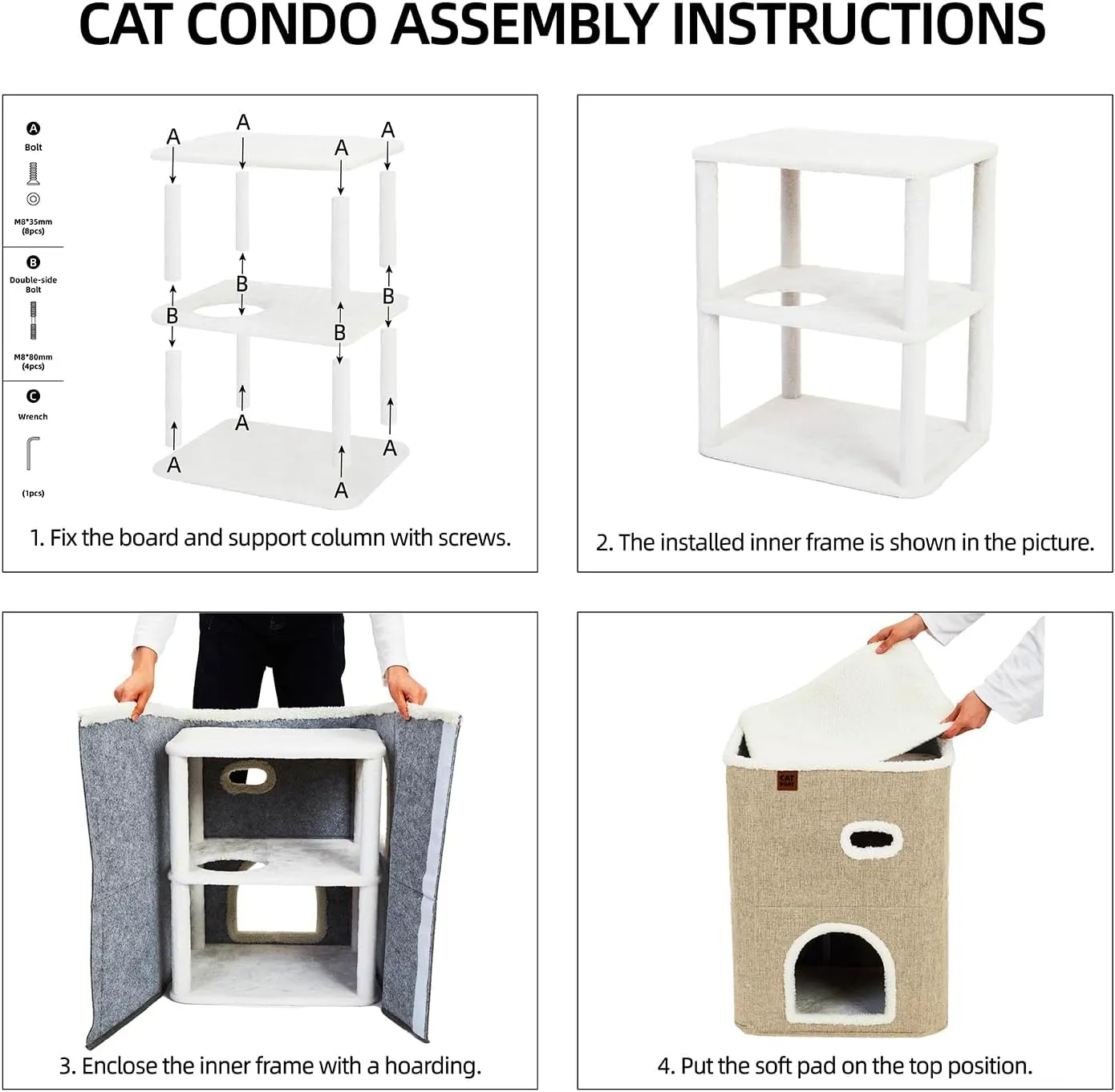 CATBOAT 2-Storey Cat House for Indoor Cats Bed, Covered Beds & Furniture with Scratch Pad and Hideaway Cave, Cute Modern Condo for Multi Small Pet Large Kitten Kitty, Brown