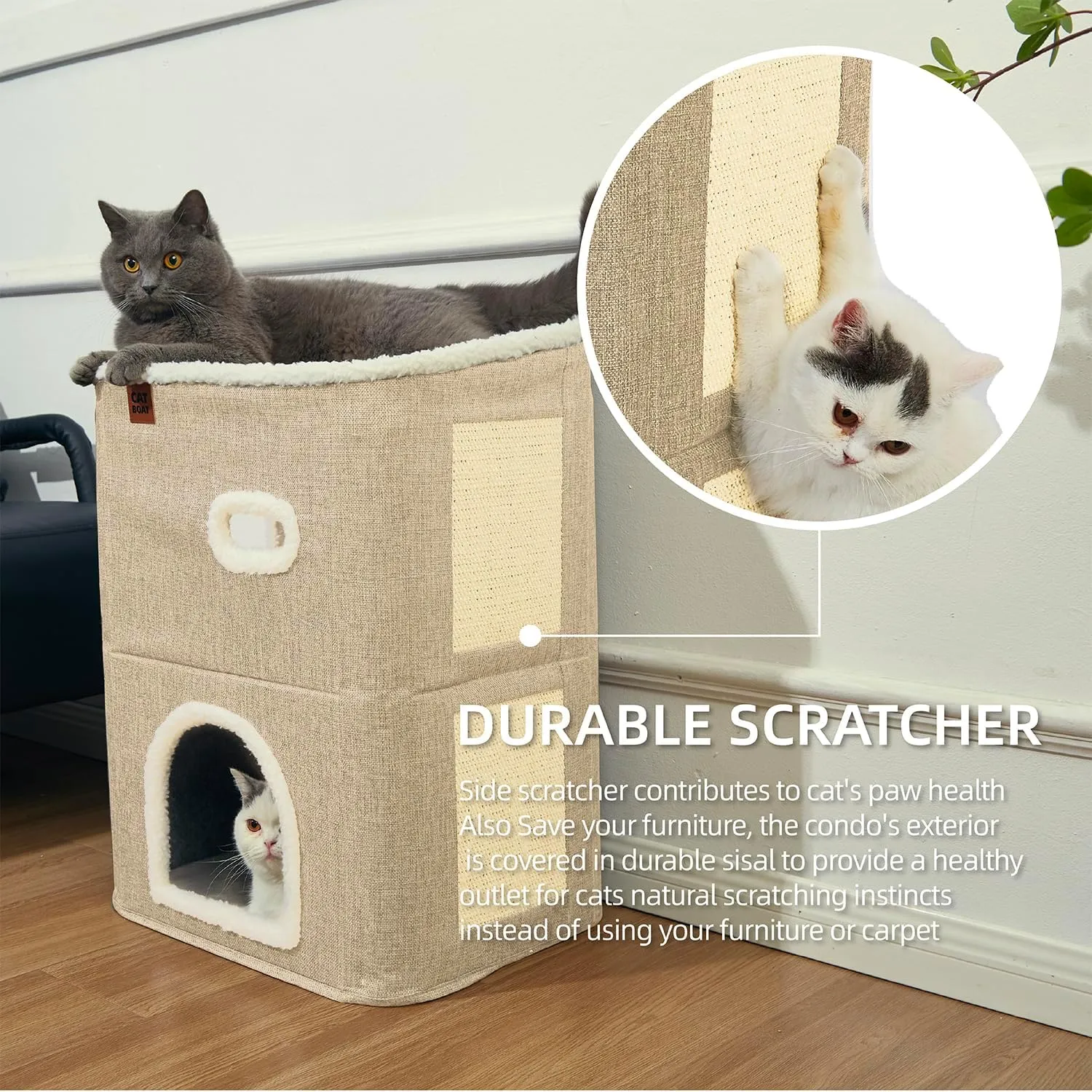 CATBOAT 2-Storey Cat House for Indoor Cats Bed, Covered Beds & Furniture with Scratch Pad and Hideaway Cave, Cute Modern Condo for Multi Small Pet Large Kitten Kitty, Brown