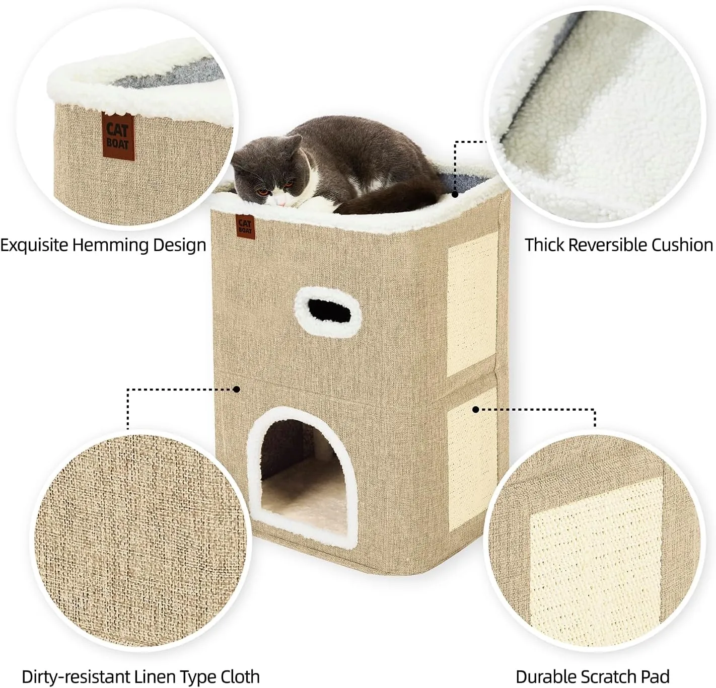 CATBOAT 2-Storey Cat House for Indoor Cats Bed, Covered Beds & Furniture with Scratch Pad and Hideaway Cave, Cute Modern Condo for Multi Small Pet Large Kitten Kitty, Brown