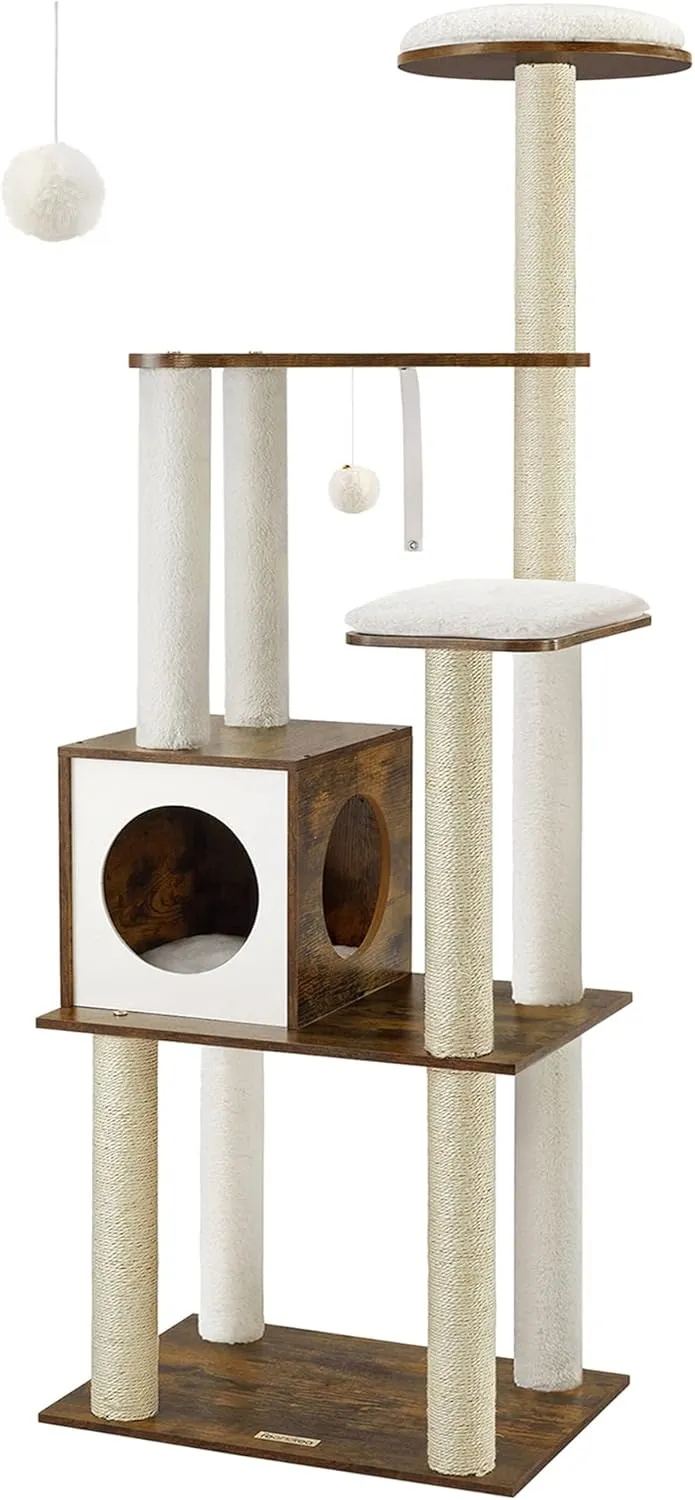 Feandrea WoodyWonders Cat Tree, 65-Inch Modern Cat Tower for Indoor Cats, Multi-Level Cat Condo with 5 Scratching Posts, Perch, Washable Removable Cushions, Cat Furniture, Rustic Brown UPCT166X01
