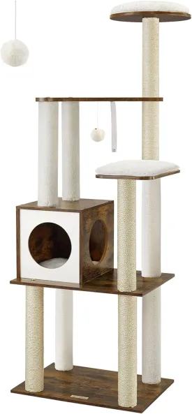 Feandrea WoodyWonders Cat Tree, 65-Inch Modern Cat Tower for Indoor Cats, Multi-Level Cat Condo with 5 Scratching Posts, Perch, Washable Removable Cushions, Cat Furniture, Rustic Brown UPCT166X01