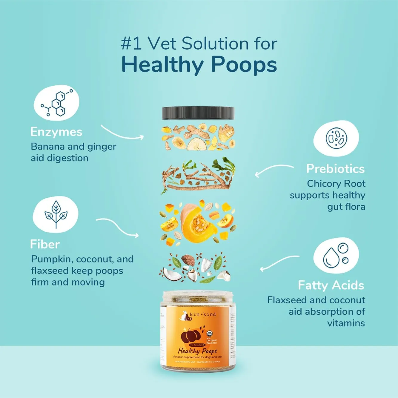 kin kind Organic Fiber for Dogs&Cats - Pumpkin Boost for Healthy Poops - Digestive Health - Flax Seed, Ginger, Turmeric and Coconut - Made in USA (4 Ounce)