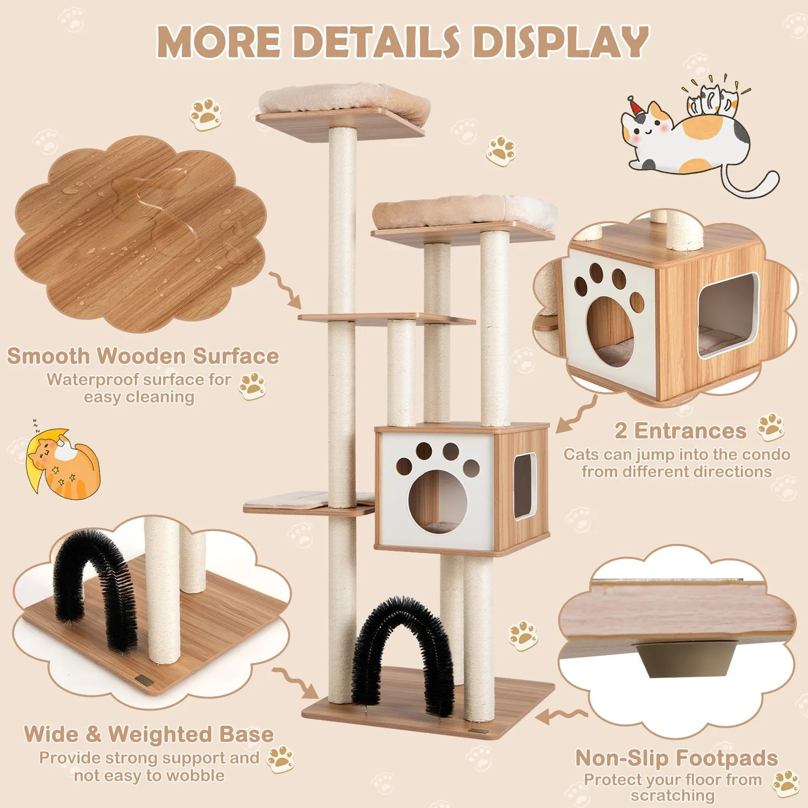 Multi-Level Cat Tree with Massage Arch Condo and Scratch Posts-Beige