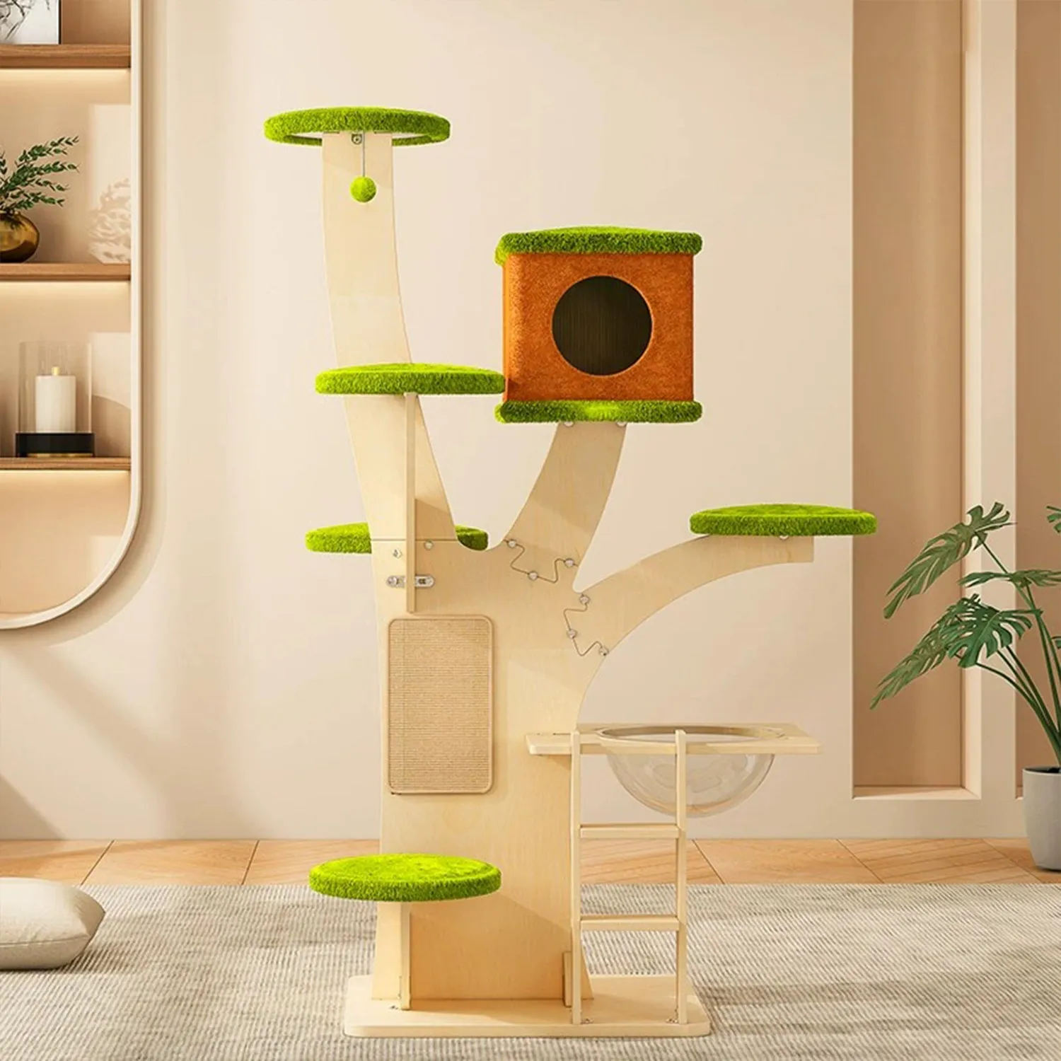 Multi-level Modern Wood Cat Tower with Solid Plywood Tree Frame
