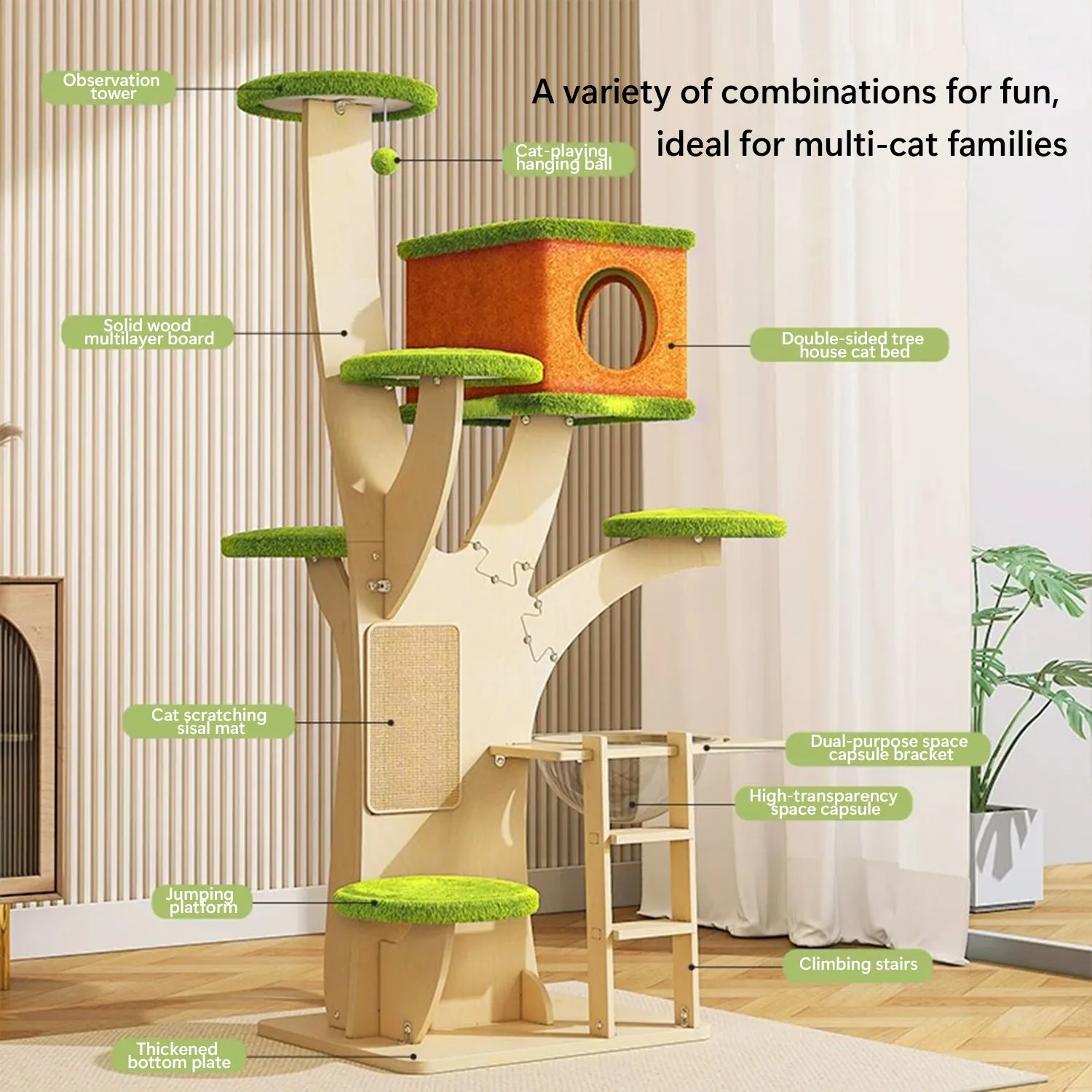 Multi-level Modern Wood Cat Tower with Solid Plywood Tree Frame