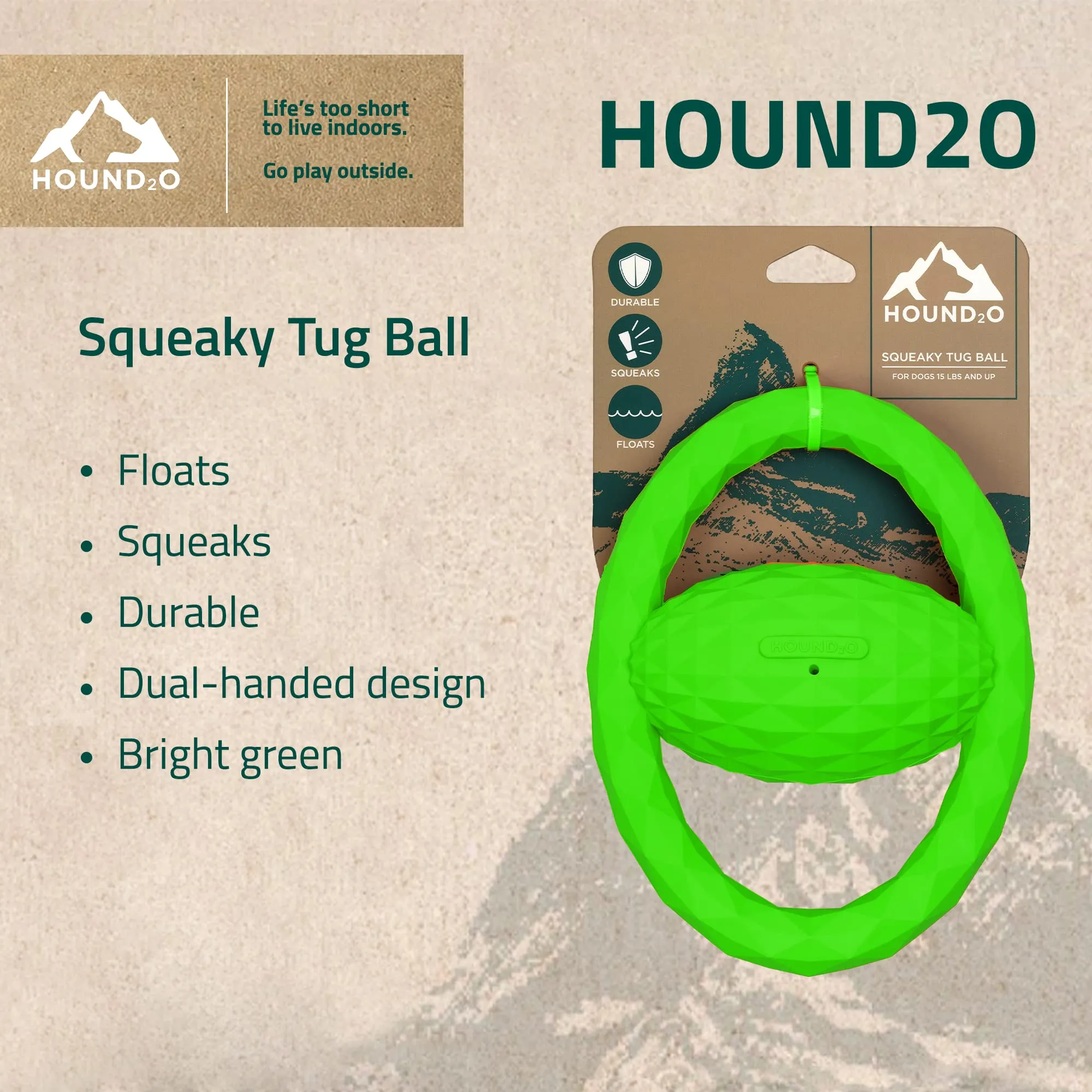 Playology Hound2O Squeaky Tug Ball Squeak and Floating Rubber Dog Toy - Green