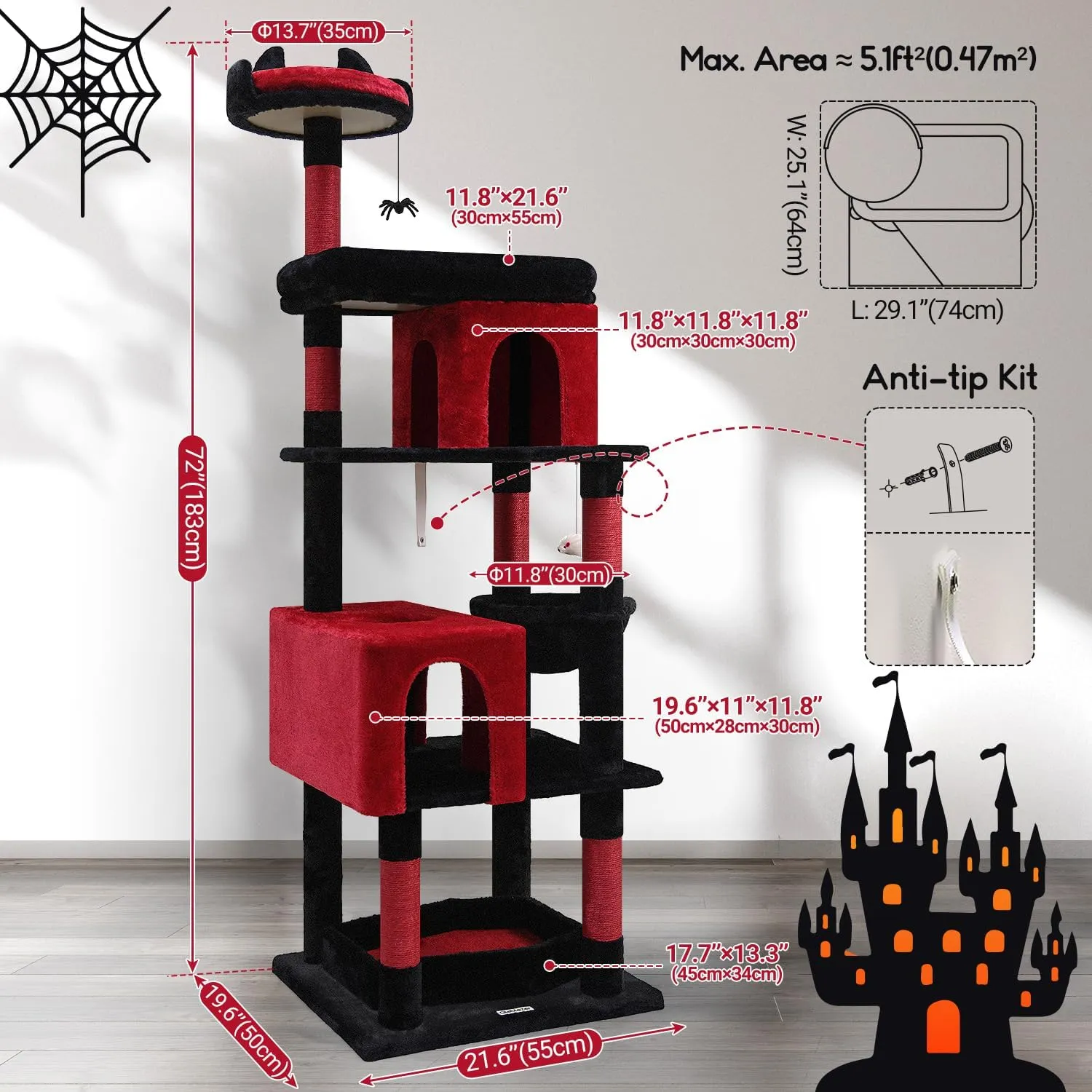 S72 Heavy Duty Gothic Cat Tree, 72in Large Cat Tower with Coffin Bed, Sturdy Maine Coon Cat Tree for Large Cats 20 lbs , Medieval Castle Style with 6 Scratching Posts & Hammock, Black & Red
