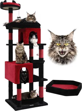 S72 Heavy Duty Gothic Cat Tree, 72in Large Cat Tower with Coffin Bed, Sturdy Maine Coon Cat Tree for Large Cats 20 lbs , Medieval Castle Style with 6 Scratching Posts & Hammock, Black & Red