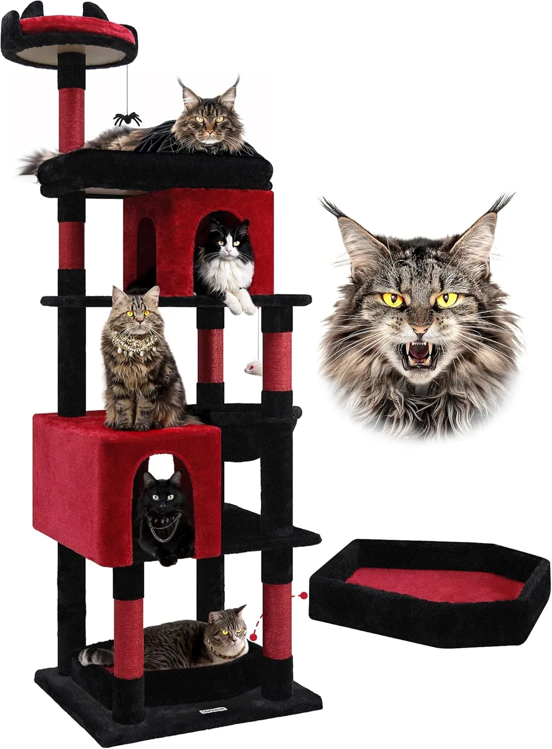 S72 Heavy Duty Gothic Cat Tree, 72in Large Cat Tower with Coffin Bed, Sturdy Maine Coon Cat Tree for Large Cats 20 lbs , Medieval Castle Style with 6 Scratching Posts & Hammock, Black & Red