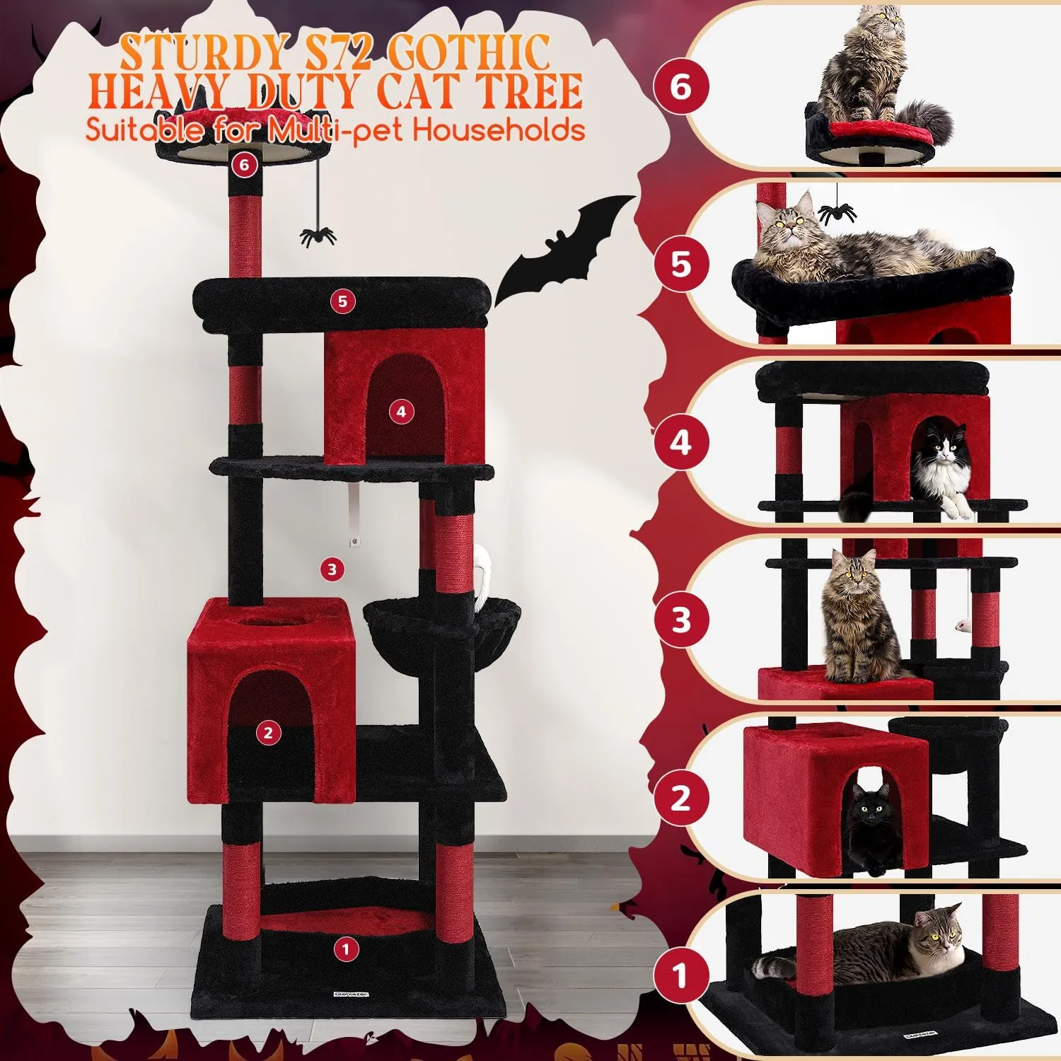 S72 Heavy Duty Gothic Cat Tree, 72in Large Cat Tower with Coffin Bed, Sturdy Maine Coon Cat Tree for Large Cats 20 lbs , Medieval Castle Style with 6 Scratching Posts & Hammock, Black & Red