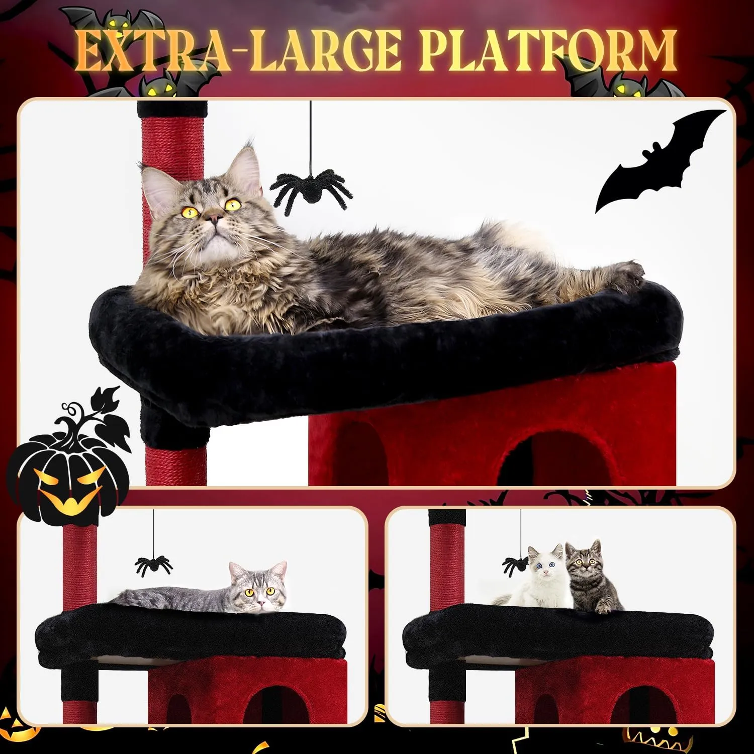 S72 Heavy Duty Gothic Cat Tree, 72in Large Cat Tower with Coffin Bed, Sturdy Maine Coon Cat Tree for Large Cats 20 lbs , Medieval Castle Style with 6 Scratching Posts & Hammock, Black & Red