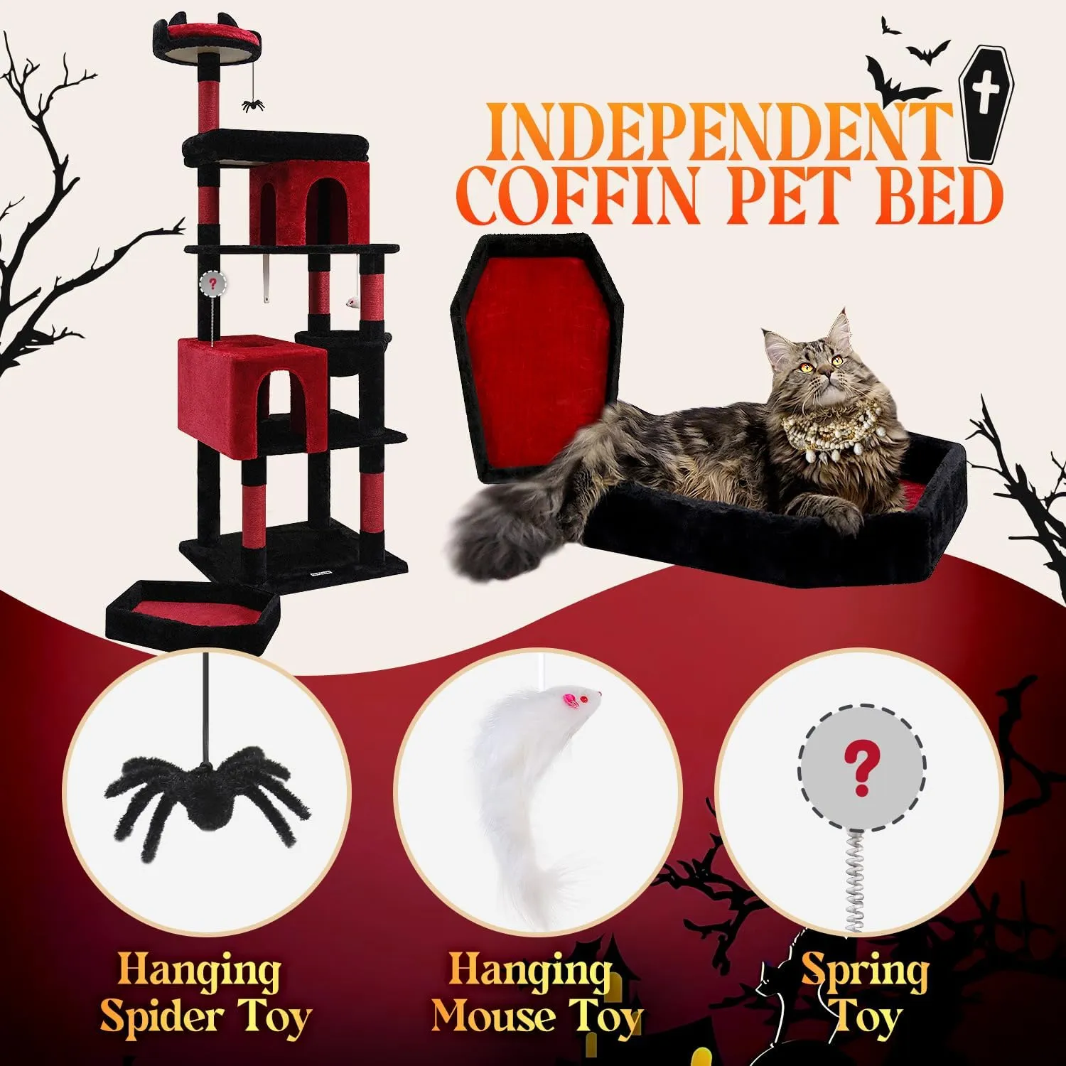 S72 Heavy Duty Gothic Cat Tree, 72in Large Cat Tower with Coffin Bed, Sturdy Maine Coon Cat Tree for Large Cats 20 lbs , Medieval Castle Style with 6 Scratching Posts & Hammock, Black & Red