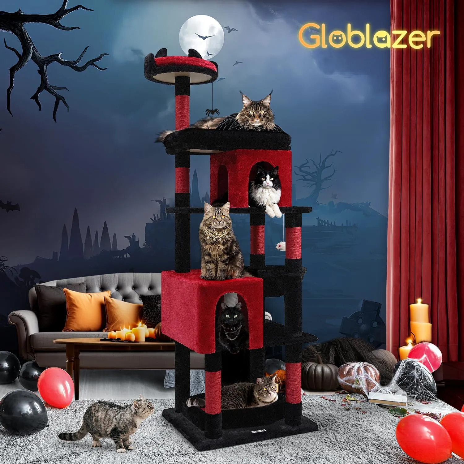 S72 Heavy Duty Gothic Cat Tree, 72in Large Cat Tower with Coffin Bed, Sturdy Maine Coon Cat Tree for Large Cats 20 lbs , Medieval Castle Style with 6 Scratching Posts & Hammock, Black & Red