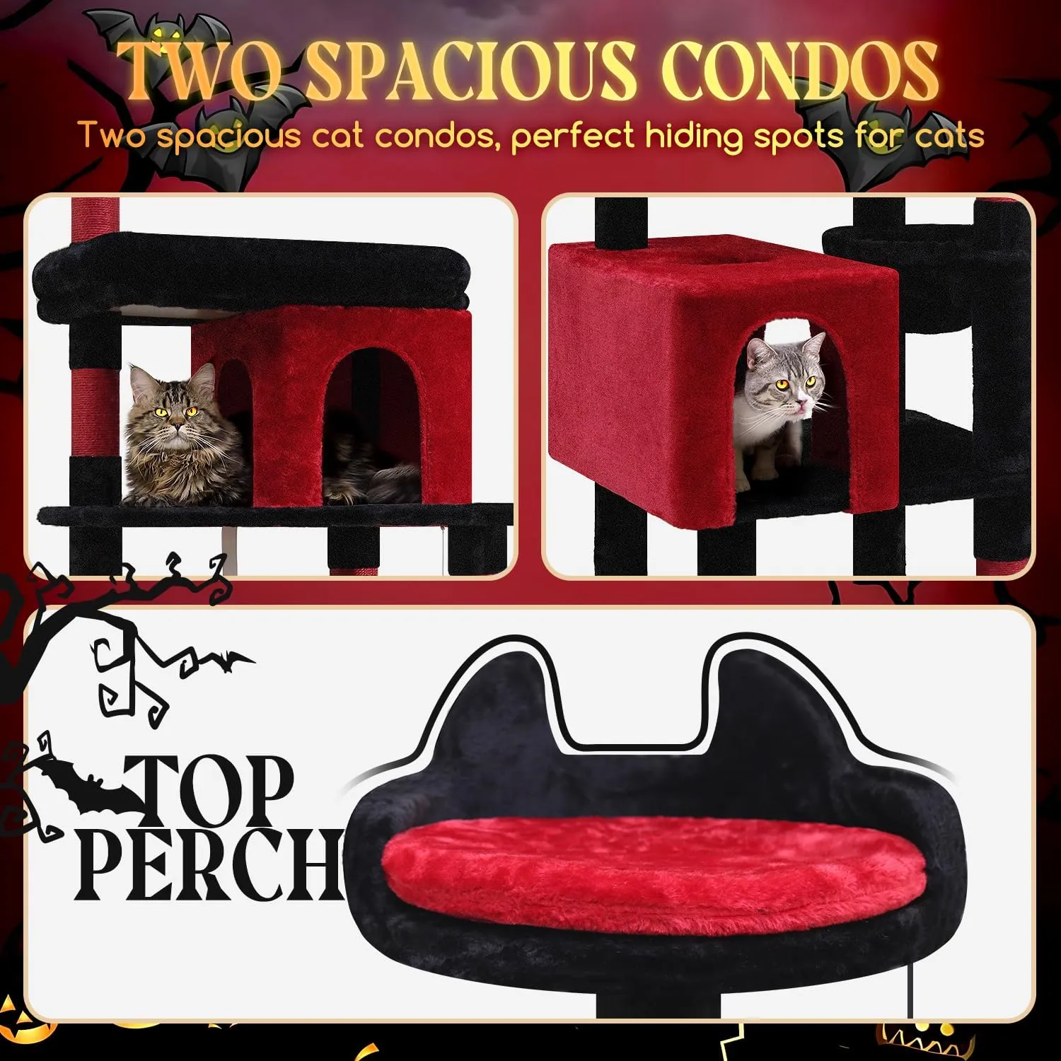 S72 Heavy Duty Gothic Cat Tree, 72in Large Cat Tower with Coffin Bed, Sturdy Maine Coon Cat Tree for Large Cats 20 lbs , Medieval Castle Style with 6 Scratching Posts & Hammock, Black & Red