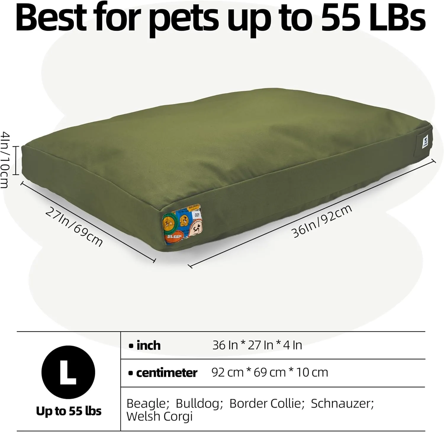 Sytopia 36 Inch Indestructible Canvas Dog Bed, Chew Proof Outdoor Pet Bed, Waterproof Washable Removable Cover, Patio Pet Pad, Green