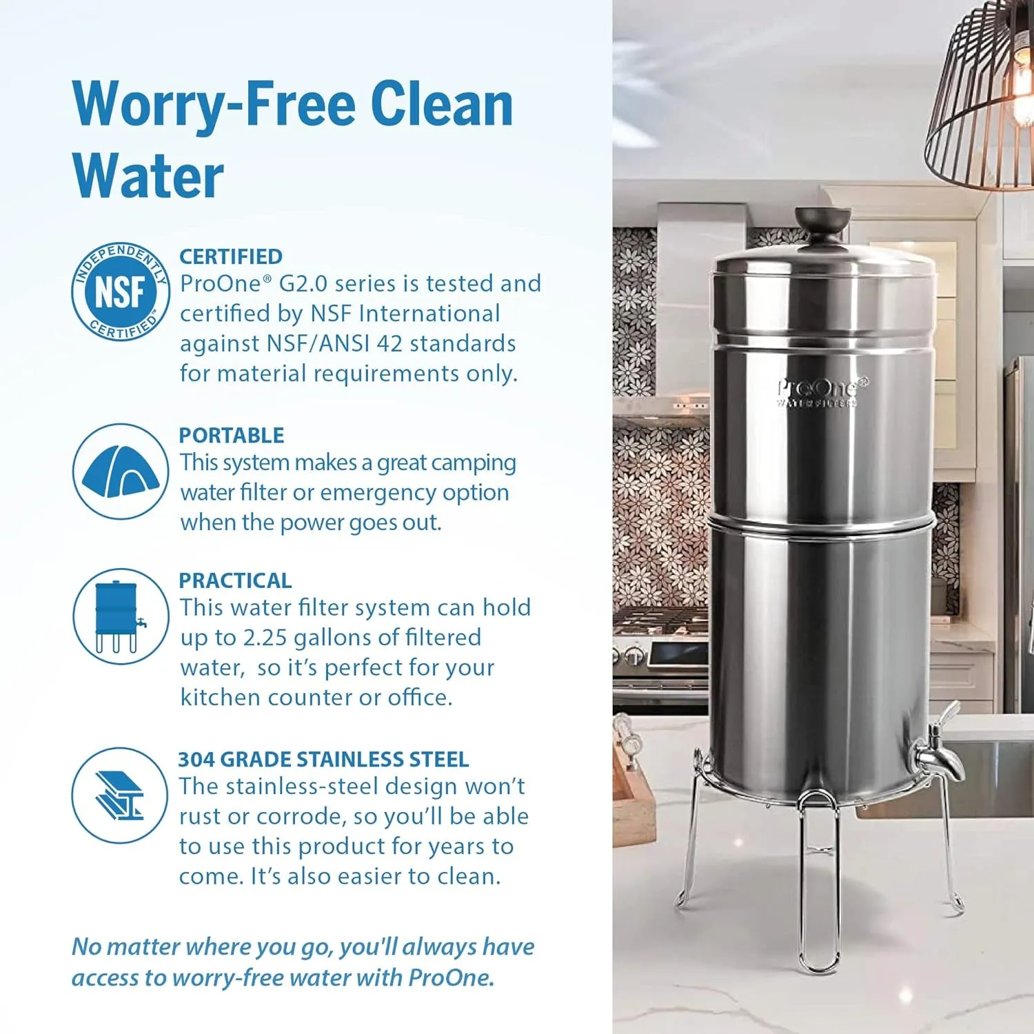 Traveler  Stainless-Steel Gravity Filter System, 2.25-Gallon Water Capacity, Countertop Water Dispenser for Home & Travel with One 5” Filter & Wire Stand, Independently Tested Proven to Reduce