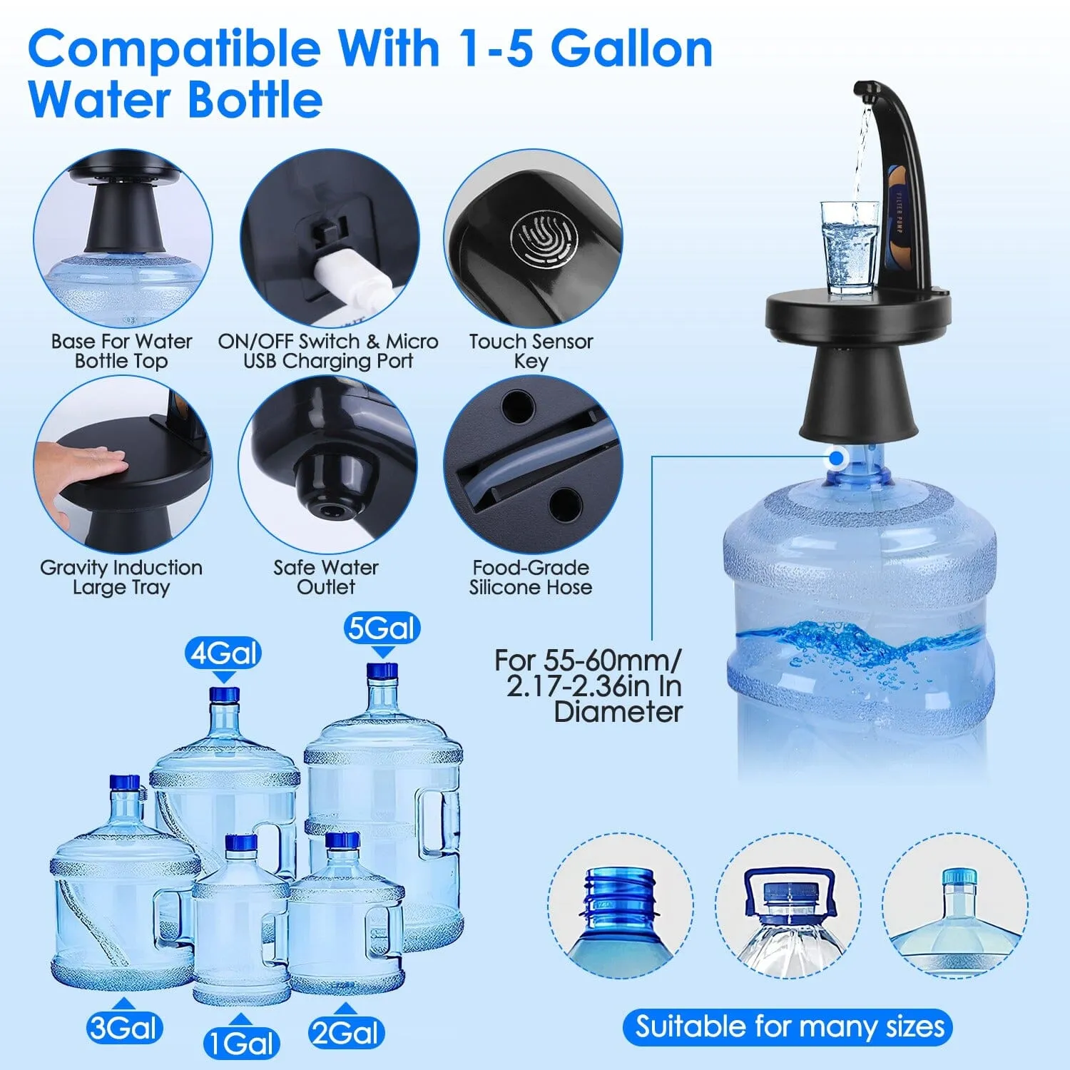Water Bottle Dispenser USB Rechargeable Mini Water Jug for 1-5 Gallon Water Jugs