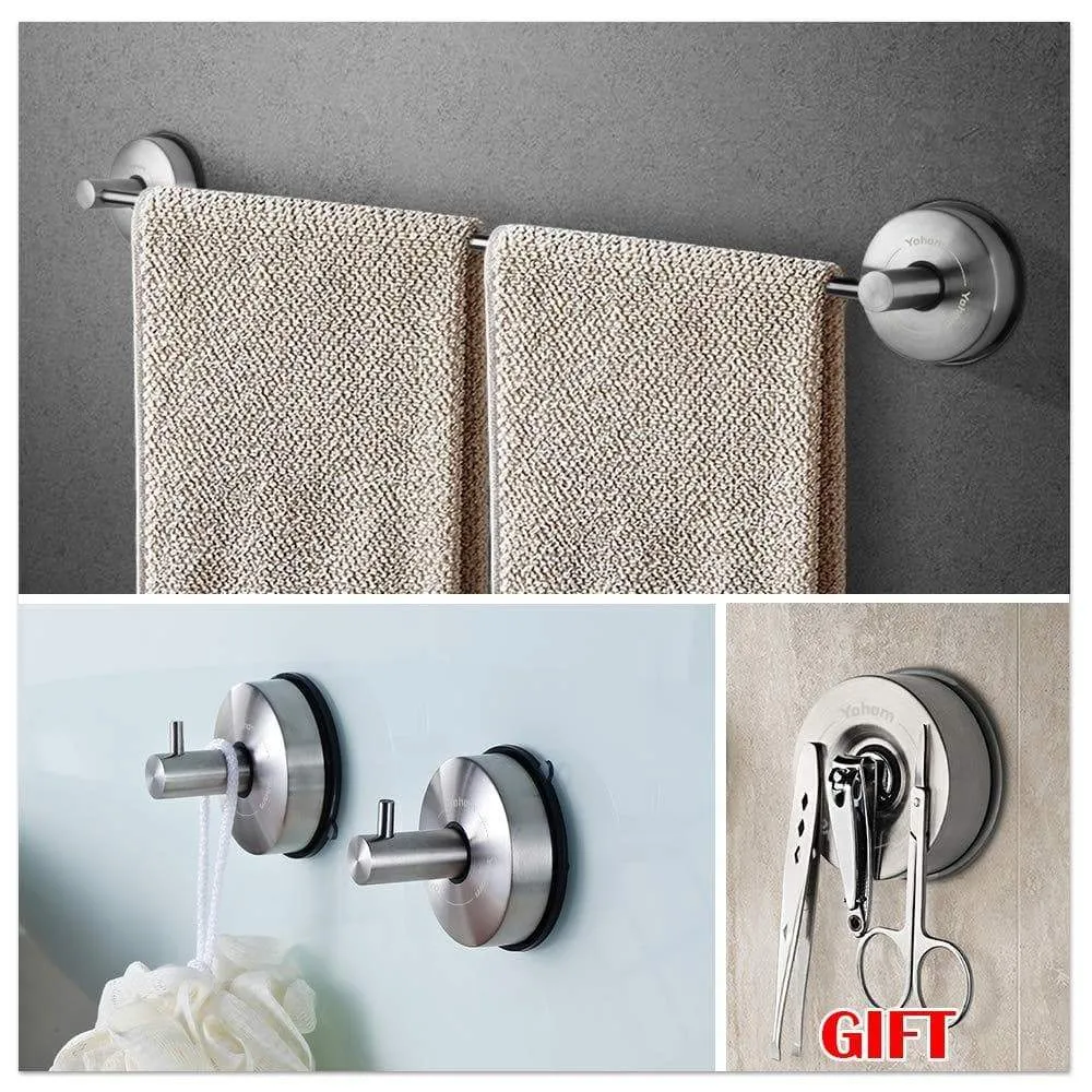 Yohom Stainless Steel 3-Piece vacuum Suction Cup Bathroom Kitchen Hardware Accessory Set with 18.5” Towel Bar Rack, 2 x Shower Robe Hooks Holder, Brushed Finish